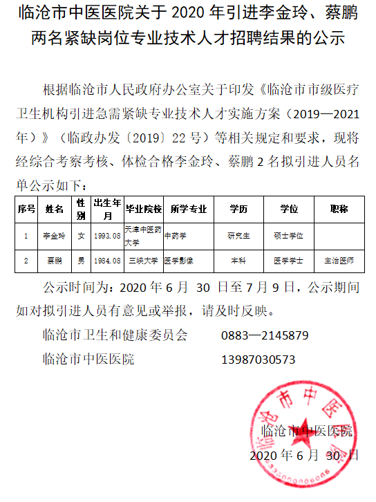 临沧市中医医院关于2020年引进李金玲、蔡鹏两名紧缺岗位专业